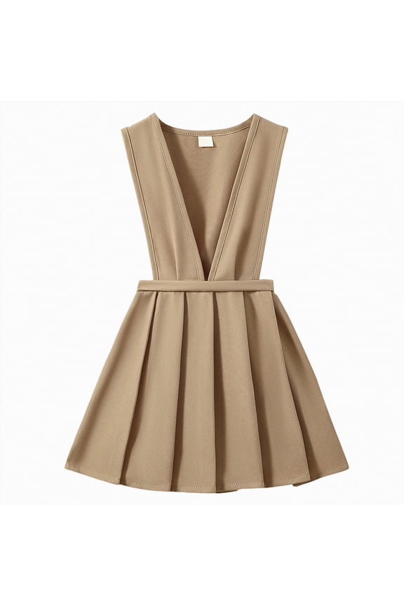2t Girl Dress Easter Girls' School Uniform Dress V-Neck Jumper Dress Pull-on Skirt Stretchy Flared Overall Dress(Khaki,6-7 Years)
