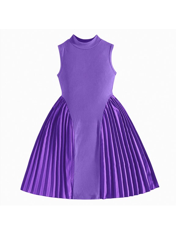2t Girl Dress Easter Toddler Girls Stand Collar Sleeveless Dress Solid Patchwork Dresses Summer Casual Flowy Dress 2-7(Dark Purple,3-4 Years)
