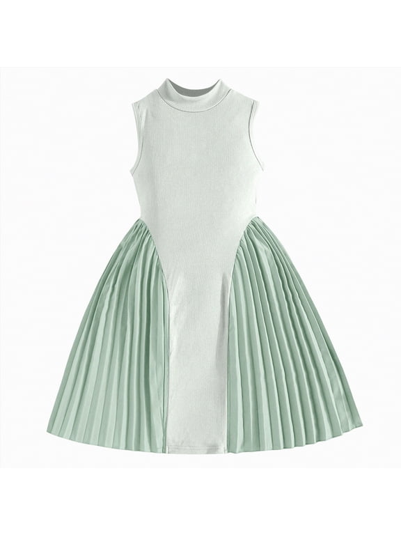 2t Girl Dress Easter Toddler Girls Stand Collar Sleeveless Dress Solid Patchwork Dresses Summer Casual Flowy Dress 2-7(Green,5-6 Years)