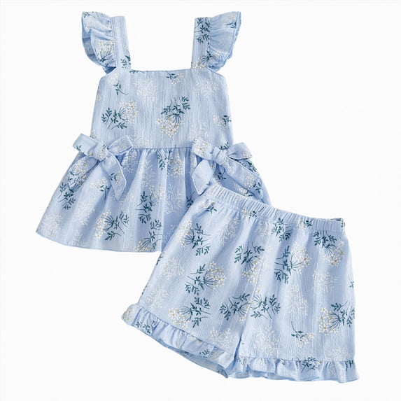 mgoYE 3-4 Years Girl Clothing Toddler Girl Clothes Summer Baby Girl Cute Sleeveless Tank Tops Bow Ruffled Shorts 2Pcs Outfits Set Blue
