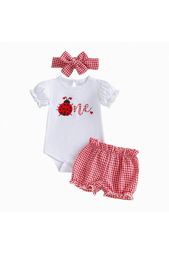 3 6 9 12 18M Baby Girl Bee Ladybug Embroidery Round Neck Romper Top Shorts Headband 3Pcs Clothes Set Size 6-12 Months Red