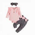 thumbnail image 1 of mgoYE 3Pcs Baby Girls Outfits 3 6 9 12 18 MonthsLong Sleeve Ruffled Solid Romper and Elastic Pant Headband Set 3-6 Months, 1 of 9