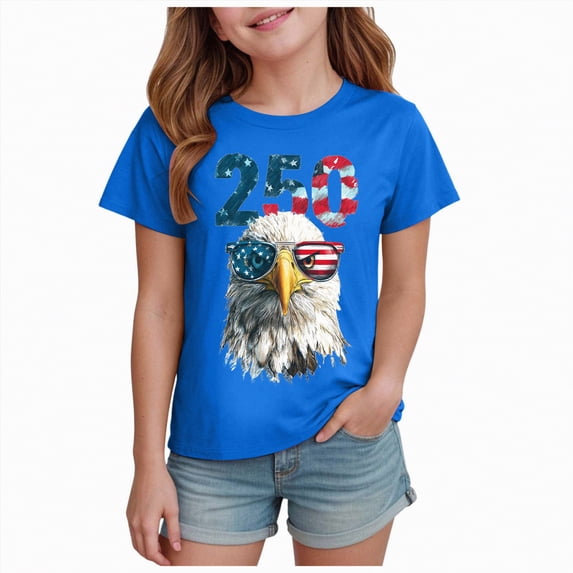 mgoYE 4th of July Shirts for Girls Boys American Flag Patriotic Shirts 250 Anniversary USA Stars and Stripes Independence Day Tee Top 250th Anniversary Gifts Tee Girls(Blue,13-14 Years)