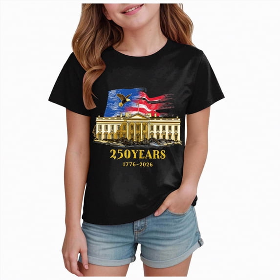 mgoYE 4th of July Shirts for Girls Boys American Flag Patriotic Shirts 250 Anniversary USA Stars and Stripes Independence Day Tee Top Navy 250th Anniversary Gifts Girls(Black,5-6 Years)