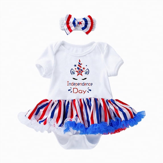 mgoYE 4th of July Baby Girl Birthday Outfit American Flag Romper+Ruffle Tulle Skirt+Headband+Shoes Independence Day 4pcs Set(Blue,6-12 Months)