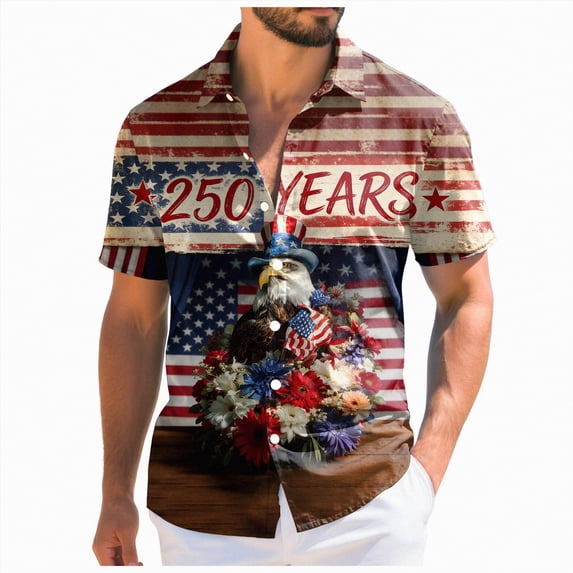 mgoYE 4th of July Button Shirt Men 250 Years American Anniversary Button Shirt American Flag Stars Fireworks Graphic Tee Tops(Wine,S)