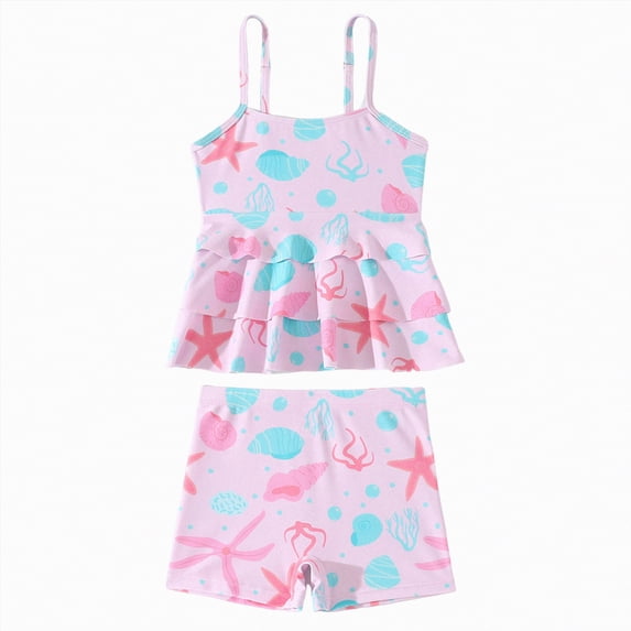 mgoYE 5t Girls Swimsuit One Piece Girls Swimsuit 2 Piece Tankini with Shorts Tiered Ruffle Swimwear Adjustable Straps Bathing Suit(Pink,7-8 Years)