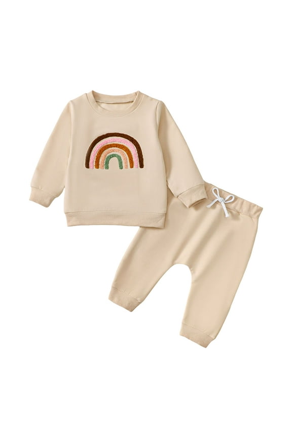 6-9 Month Girl Clothes 3 6 9 12 18 24 Months Fall Outfits Solid Long Sleeve Sweatshirt Tops + Pants Set|Beige 0-6 Months