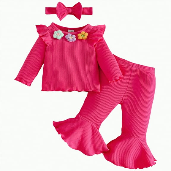 mgoYE 6-9 Month Girl Clothes Preemie Newborn Baby Girl Clothes Infant Romper Fall Winter Outfits Gifts for Girls Cute Bell Bottoms Pant Sets(Hot Pink,3-6 Months)