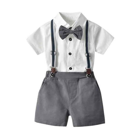 mgoYE 6 Month Boy Clothes Baby Boy Formal Short Set Toddler Summer Gentleman Outfit Kid Short Sleeve Bowtie Shirt Suspender Shorts Suit(Silver,18-24 Months)