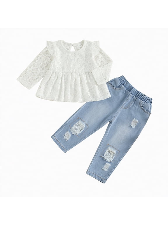 9-12 Month Girl Clothes Toddler Girl Clothes Outfits Infant Clothing Jeans Pants Set Cute Clothes Set for Girls(White,12-18 Months)