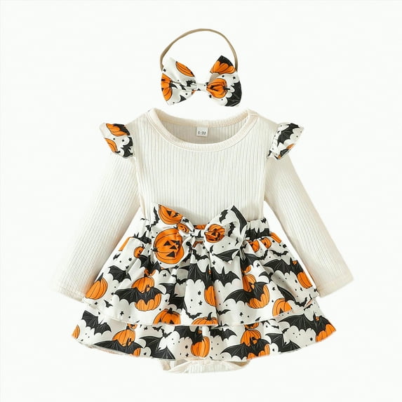 mgoYE 9 Month Baby Girl Clothes My First Halloween Baby Girl Outfit 1st Halloween Pumpkin Romper Dress Headband Cute Fall Clothes 2PC|White 6-9 Months