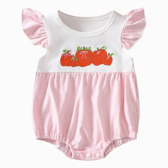 mgoYE 9 Month Baby Girl Clothes Halloween Baby Clothes Striped Smocked Romper Bubble Onesie Bodysuit Shirt Fall Outfit|Pink 3-6 Months