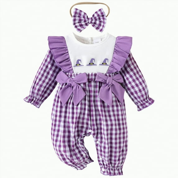 mgoYE 9 Month Baby Girl Clothes Baby Girl Halloween Clothes Pumpkin Long Sleeve Romper Jumpsuit Striped One Piece Outfit(Purple,12-18 Months)