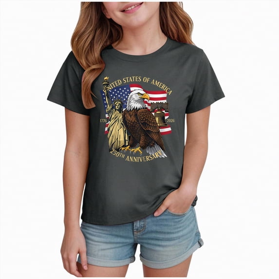 mgoYE American Flag Shirts Girls Boys 4th of July O-Neck Short Sleeve Patriotic T-Shirt Memorial Day Graphic Tee Independence Day Tops 250th Anniversary Flag Tee Boys(Grey,3-4 Years)