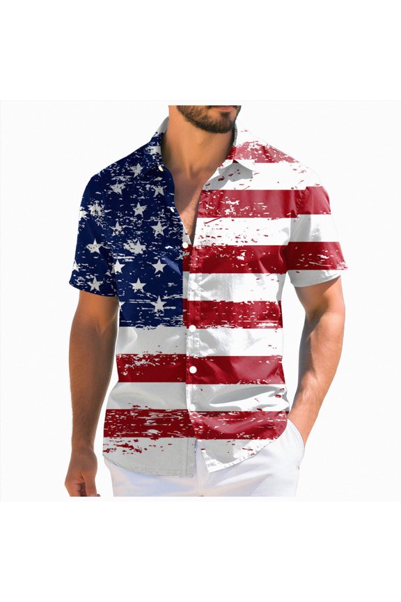 American Flag Shirts for Men Linen Patriotic Button 4th of July Hawaiian Shirts Independence Day Gifts Men Shirt(Red,3XL)