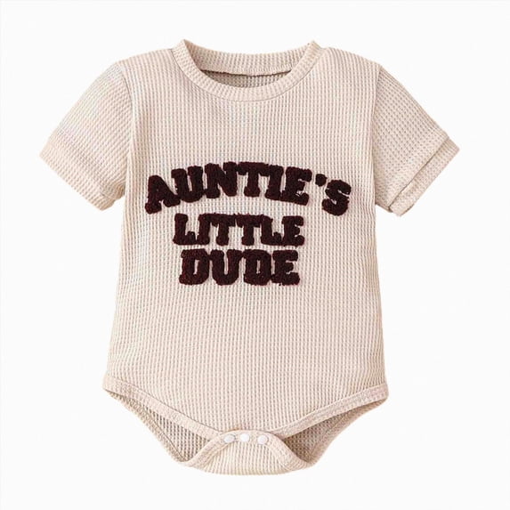 mgoYE Aunties Little Dude Baby Clothes Newborn Boy Summer Outfit Embroidery Letter Bodysuit Short Sleeve Waffle Romper(Beige,0-3 Months)