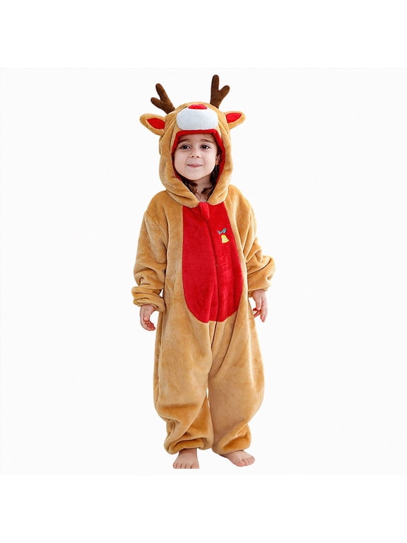 Baby Animal Dress up for Kids Christmas Halloween Outfit One-Piece Pajamas with Zipper, for Boys Girls, Romper Jumpsuit(Brown,4-5 Years)