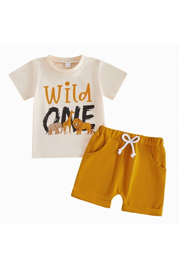 Baby Boy 1st Birthday Outfit Wild-One Letter Jungle Safari Animals Short Sleeve T-Shirt Tops Shorts Pants Set Summer Clothes(Beige,6-12 Months)
