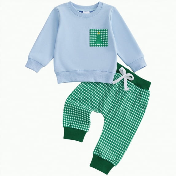 mgoYE Baby Boy Christmas Outfit 12 Months Toddler Winter Clothes Long Sleeve Crewneck Sweatshirts + Pants Clothing Sets(Light Blue,0-6 Months)