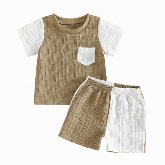 mgoYE Baby Boy Clothes 0-3 Months Toddler Baby Boy Summer Clothes Short Sleeve T Shirt and Shorts Set Color Block 2 Piece Outfit(Khaki,18-24 Months)