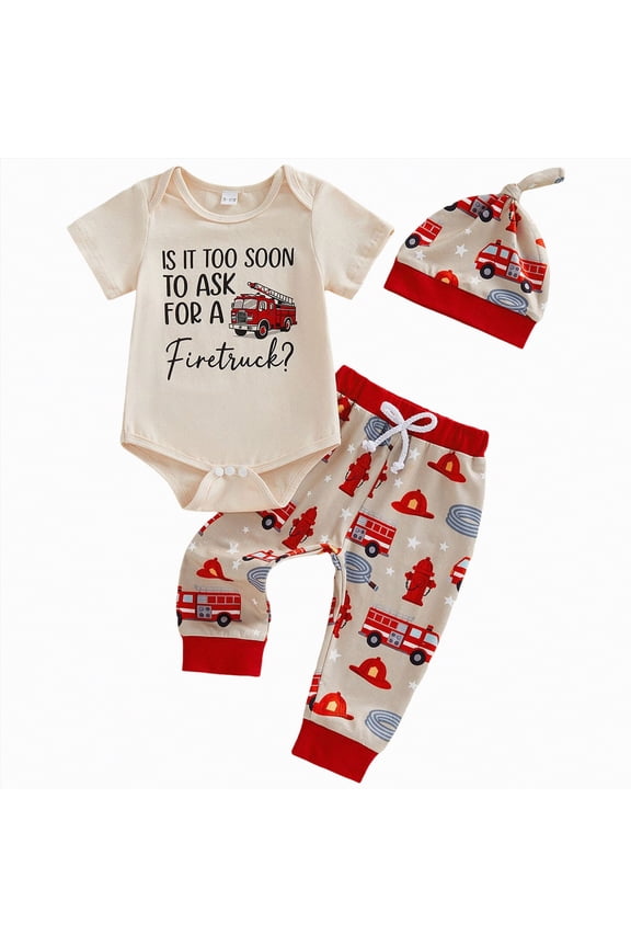 Baby Boy Clothes 12-18 Months 3Pcs Newborn Baby Boy Clothes Is It Too Soon To Ask For A Fire Truck Short Sleeve Romper Pants Set Firefighter Outfit(Red,0-3 Months)