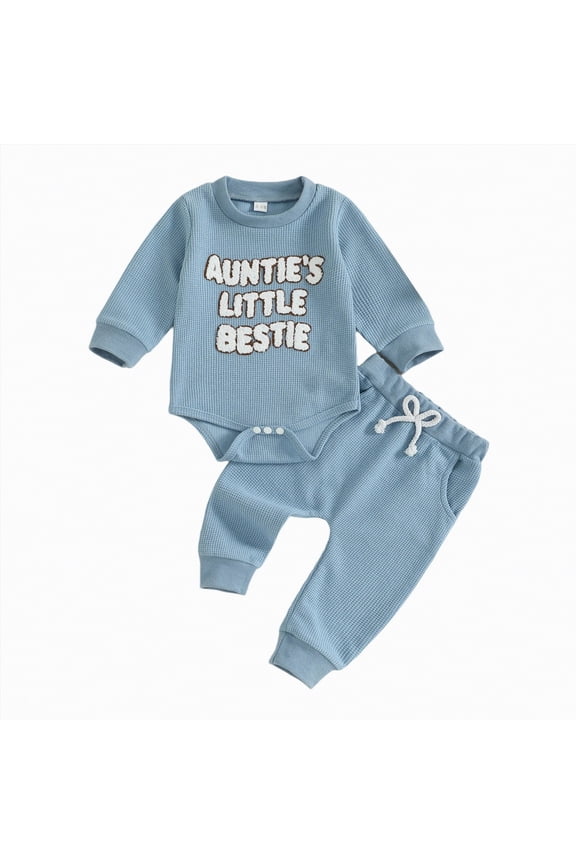 Baby Boy Clothes 12-18 Months Aunties Bestie Baby Clothes Gender Neutral Baby Boy Girl Embroidery Waffle Sweatshirt Bodysuit Romper Pant Fall Outfit(Blue,6-12 Months)