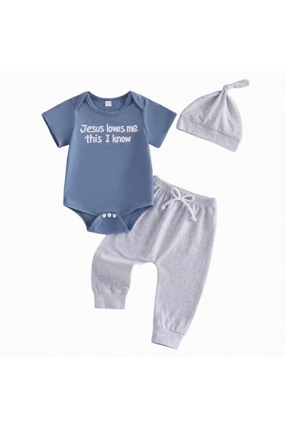 Baby Boy Clothes 12-18 Months Baby Boy Summer Outfit Letter Jesus Loves Me This I Know Short Sleeve Romper Hat 3Pc Clothes Set(Blue,0-3 Months)
