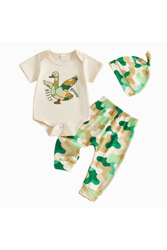 Baby Boy Clothes 12-18 Months Newborn Baby Boy Clothes Duck Print Hunting Short Sleeve Romper Shirt Tops Pants Spring Summer Outfits Hat Set(Beige,12-18 Months)