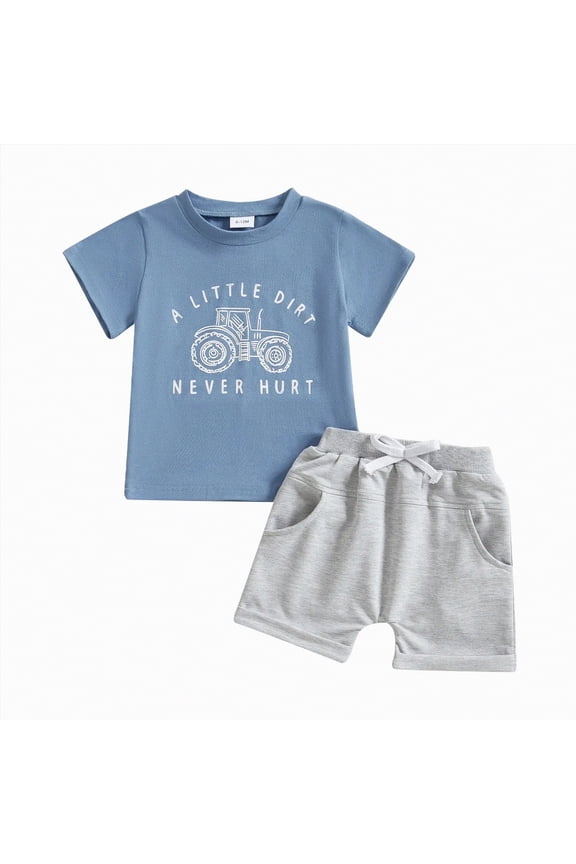 Baby Boy Clothes 12-18 Months Toddler Baby Boy Clothes Funny Letter A Little Dirt Never Hurt Short Sleeve Sweatshirt Pullover Top Short Summer Outfits(Blue,6-12 Months)