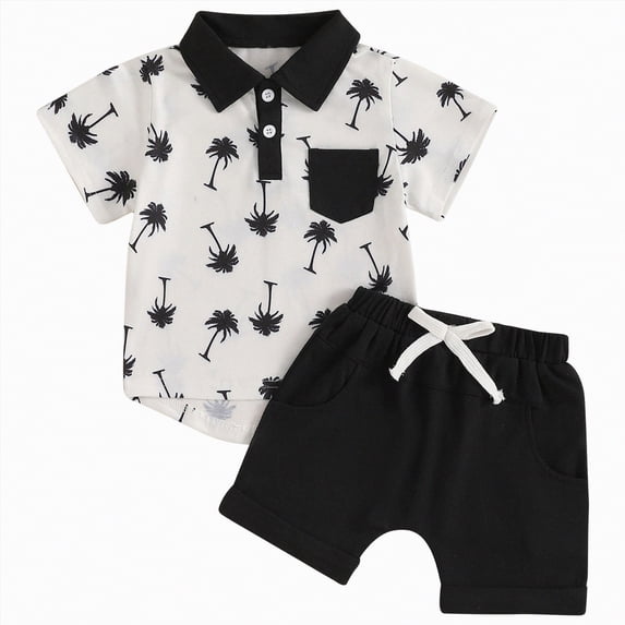 mgoYE Baby Boy Clothes 12-18 Months Toddler Baby Boy Clothes Tropical Vacation Summer Outfits Button Short Sleeves Hawaiian Beach Shirts & Shorts with Pockets(Black,0-6 Months)