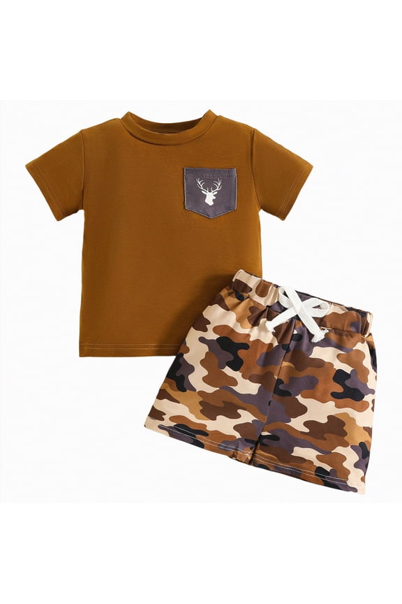 Baby Boy Clothes 12-18 Months Toddler Baby Boy Summer Clothes Deer Print Short Sleeves T-Shirt Elastic Camouflage Shorts 2 Piece Outfit(Brown,18-24 Months)
