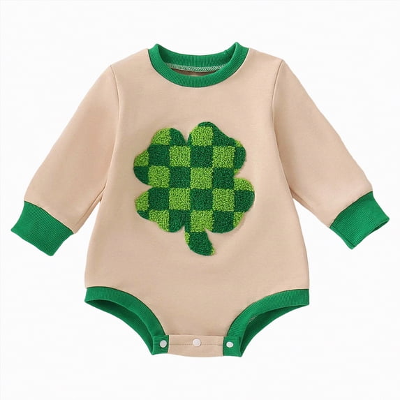 mgoYE Baby Boy Clothes 3-6 Months Newborn Baby Girl Boy St Patricks Day Outfit Irish Print Sized Romper Clover Long Sleeve Bodysuit Clothes(Beige,6-9 Months)