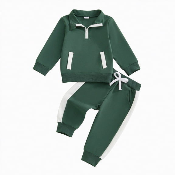 mgoYE Baby Boy Clothes 3-6 Months Sets Toddler Baby Boy Fall Clothes 2T 3T 4T 5T Contrast-Trim Half Zip-up Long Sleeve Sweatshirt Pants 2 Pcs Outfits(Green,18-24 Months)