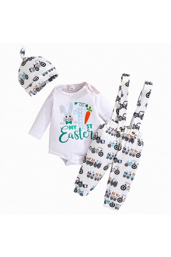 Baby Boy Clothes 6-9 Months My First Easter Baby Boy Outfit Infant Clothes Bunny Letter Print Shirt+Overalls Pants+Hats Spring Outfit Set(White,9-12 Months)