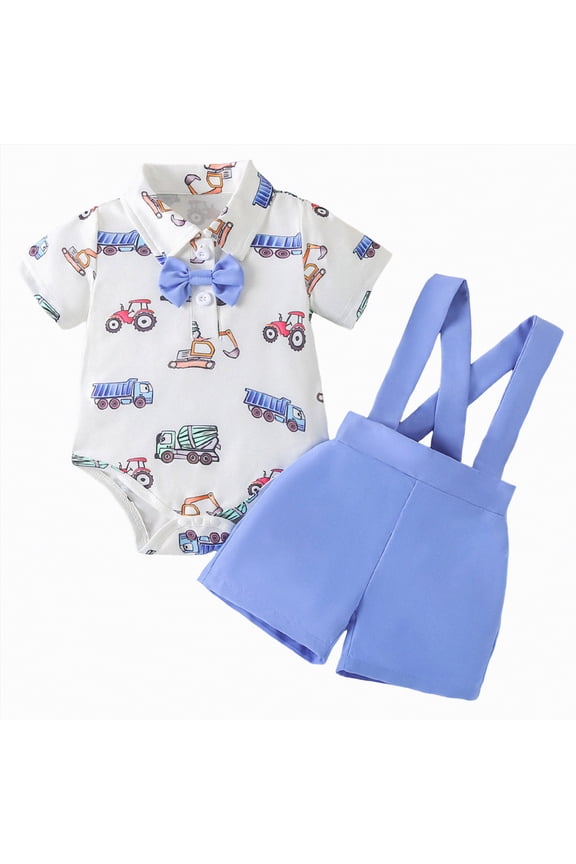 Baby Boy Clothes 6-9 Months Infant Baby Boy Outfit Car Print Short Sleeve Bow Romper Suspender Shorts Set 2Pcs Summer Clothes(Blue,6-9 Months)