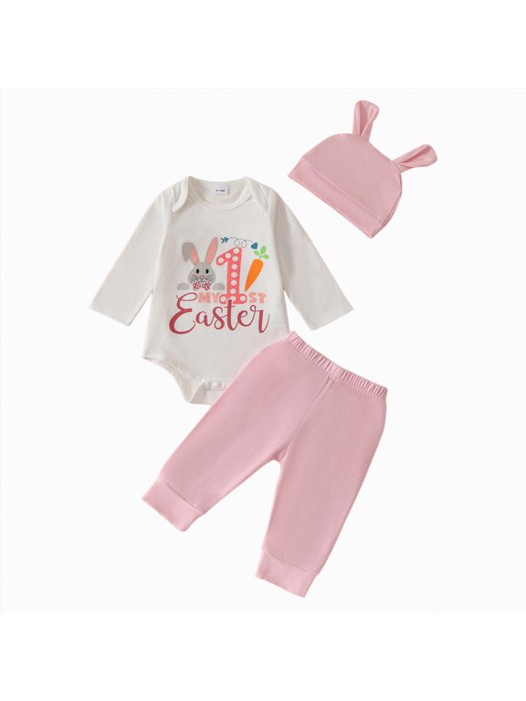 Baby Boy Clothes 6-9 Months Newborn Baby Boy Easter Outfit Short Sleeve My First Easter Romper Carrot Excavator Onesie Long Pants Hat 3Pcs Summer Clothes(Red,6-12 Months)