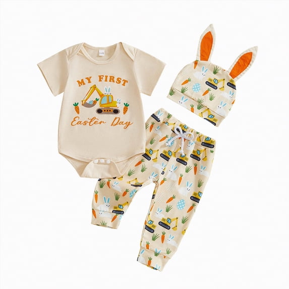 mgoYE Baby Boy Clothes 6-9 Months Newborn Baby Boy Easter Outfit Short Sleeve My First Easter Romper Carrot Excavator Onesie Long Pants Hat 3Pcs Summer Clothes(Beige,0-3 Months)