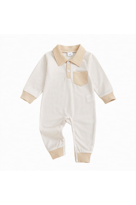 Baby Boy Clothes 6-9 Months Newborn Outfits Baby Boy Clothes Spring Long Sleeve Waffle Knit Collared Romper Jumpsuit(Beige,0-3 Months)