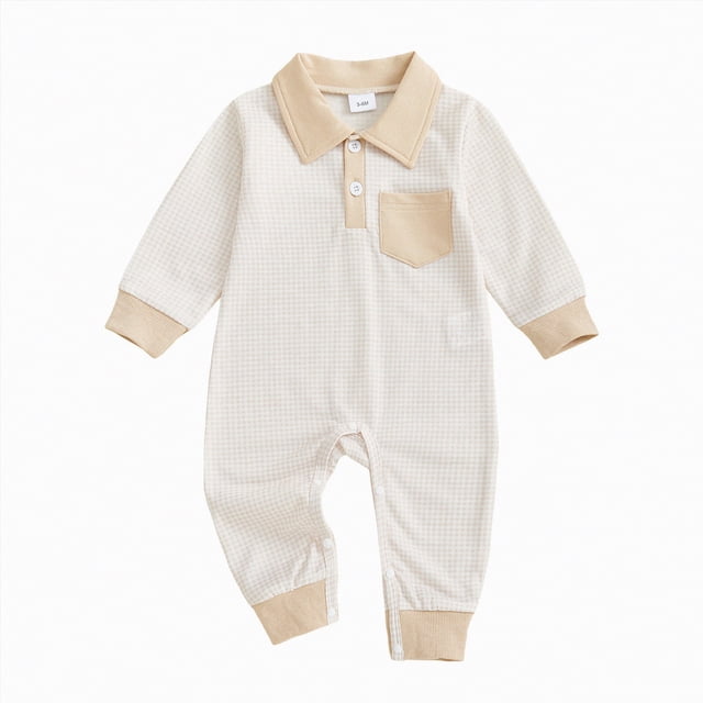 mgoYE Baby Boy Clothes 6-9 Months Newborn Outfits Baby Boy Clothes Spring Long Sleeve Waffle Knit Collared Romper Jumpsuit(Beige,6-12 Months)