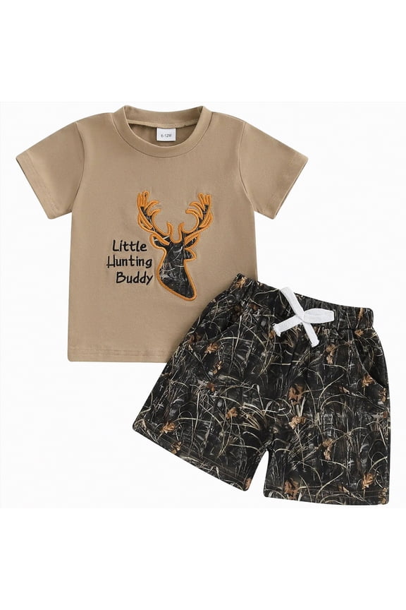 Baby Boy Clothes 6-9 Months Toddler Baby Boy Hunting Outfit Summer Short Sleeve Duck T-shirt Checkered Plaid Shorts Two Piece Clothes(Brown,6-12 Months)