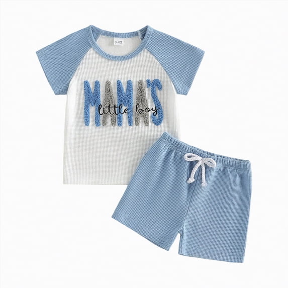 mgoYE Baby Boy Clothes 6-9 Months Toddler Baby Boy Summer Clothes Embroidered Letter Short Sleeve T-Shirts Elastic Shorts Newborn Infant Boy Outfits(Blue,0-6 Months)