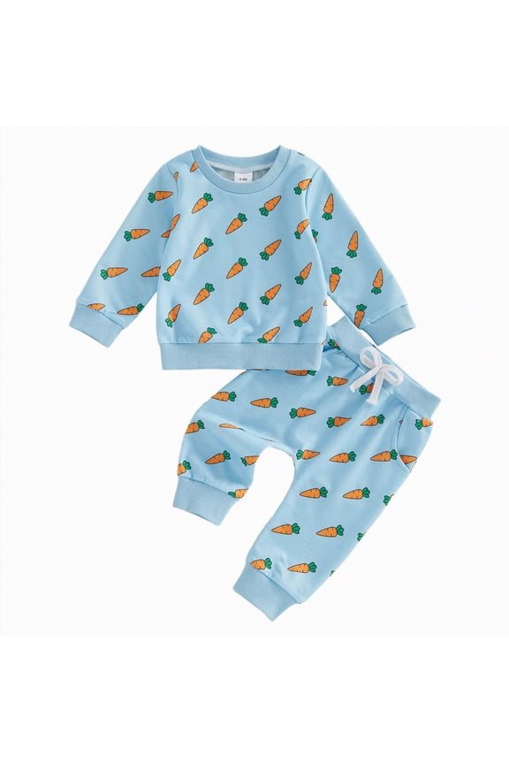 Baby Boy Clothes Easter 3-6 Months Toddler Baby Boy Easter Outfit Printed Crewneck Long Sleeve Sweatshirt Top Jogger Pants Set(Blue,18-24 Months)