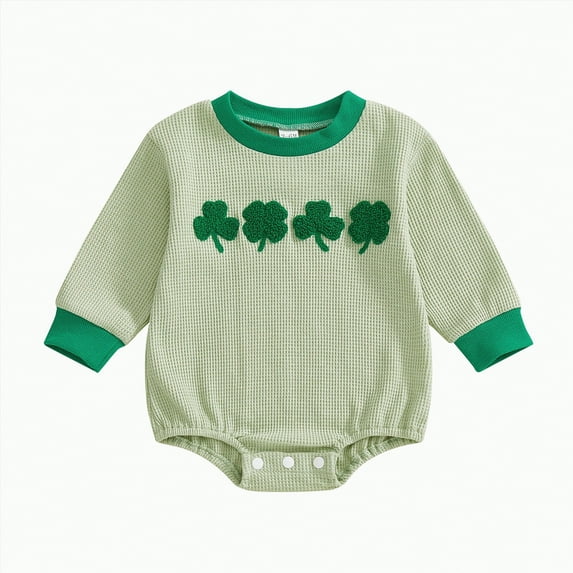mgoYE Baby Boy Clothes St Patricks Day Outfit Cute Letter Embroidered Waffle Bubble Romper Onesie Sweatshirt(Light Green,6-12 Months)
