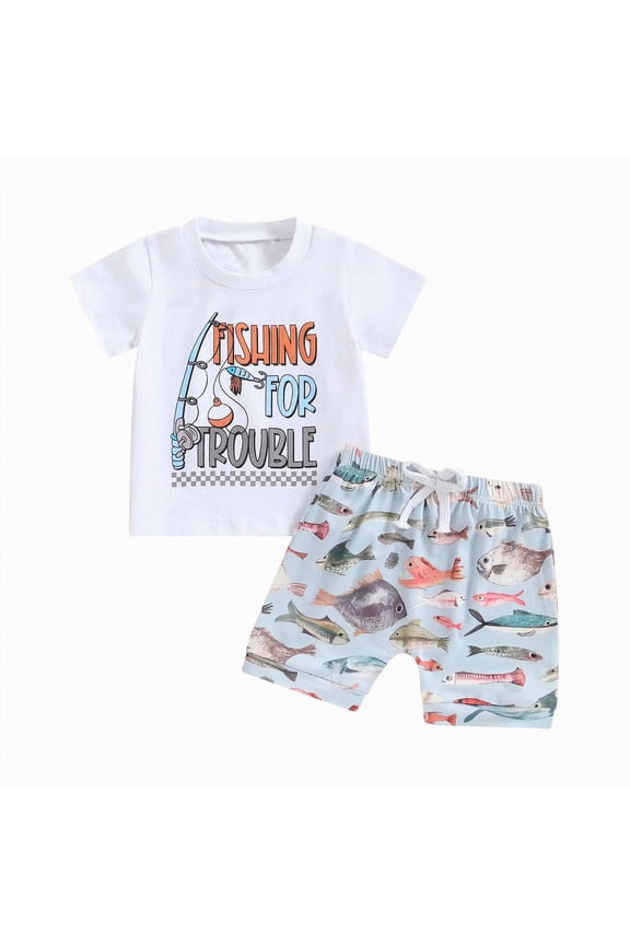 Baby Boy Clothes Toddler Summer Outfit Fishing with Daddy Letter Outfit Short Sleeve T-Shirt Tee Tops + Shorts 6 12 18 24 Months 2T 3T Clothing Set(Sky Blue,6-12 Months)