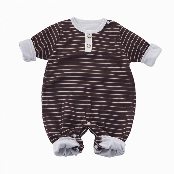 mgoYE Baby Boy Fall Clothes Stripe Color Romper Long Sleeve Collared Button Jumpsuit Newborn Winter Outfit(Coffee,6-9 Months)