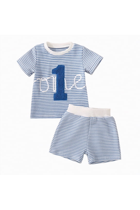 Baby Boy First Birthday Outfit One Embroidery Waffle Tops Shorts Sets 1st Birthday Outfit Summer Clothes 6 12 18 M(Blue,6-12M)
