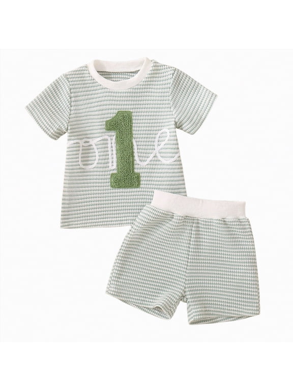 Baby Boy First Birthday Outfit One Embroidery Waffle Tops Shorts Sets 1st Birthday Outfit Summer Clothes 6 12 18 M(Green,6-12M)