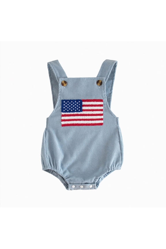 Baby Boy Girl 4th of July Outfit Sleeveless Corduroy Overalls USA Flag Embroidery Romper Independence Day Clothes(Sky Blue,12-18 Months)