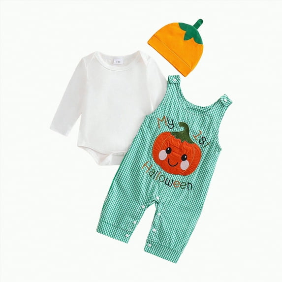 mgoYE Baby Boy Halloween Outfits 3-6 Months My First Halloween Baby Boy Outfit Long Sleeve Pumpkin Romper Pants Set with Beanie Hat Boy Fall Clothes(Green,6-12 Months)